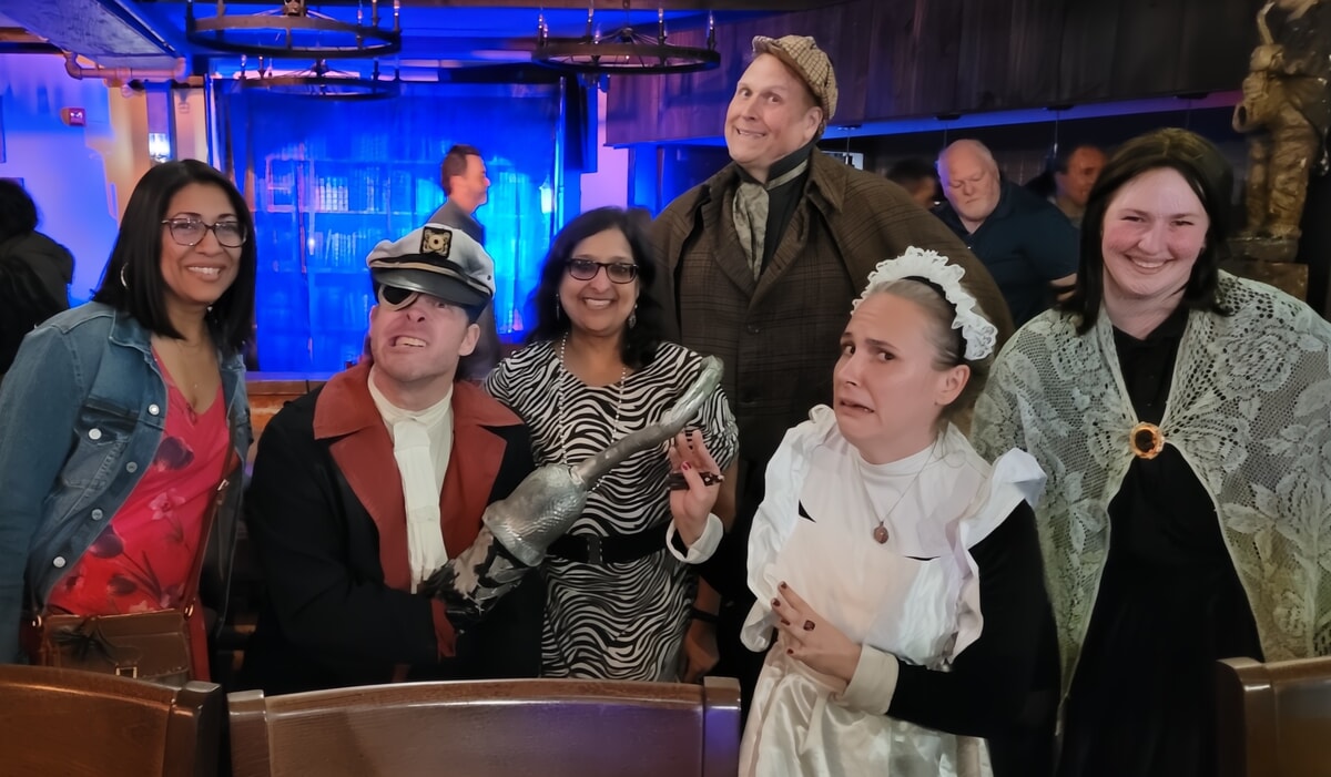Dramatic moment from a Sherlock Holmes murder mystery set in Victorian Philadelphia