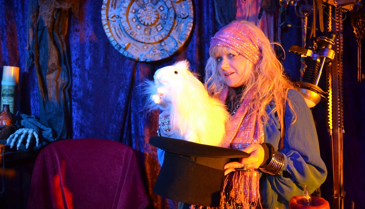 Madame Cluedefti pulling a rabbit out of a hat like opening a Christmas present at a festive event