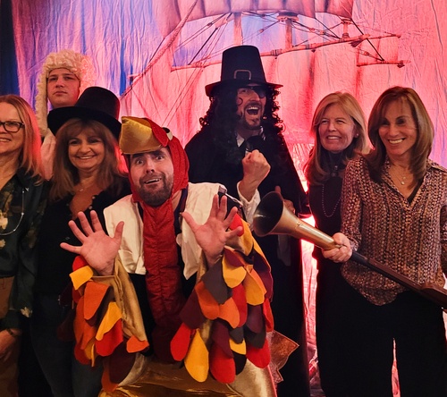 Pilgrim and turkey-themed characters add humor to a Thanksgiving murder mystery